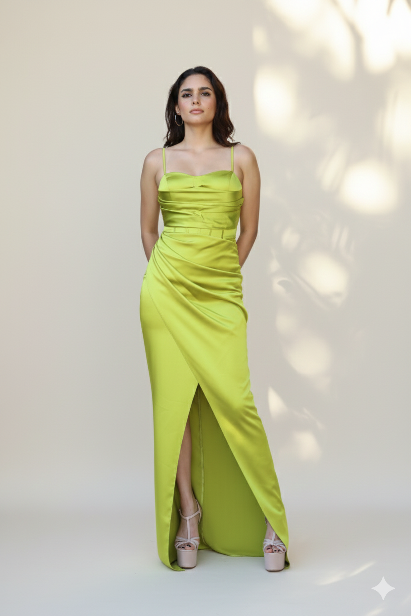 Long fuchsia-pink gown