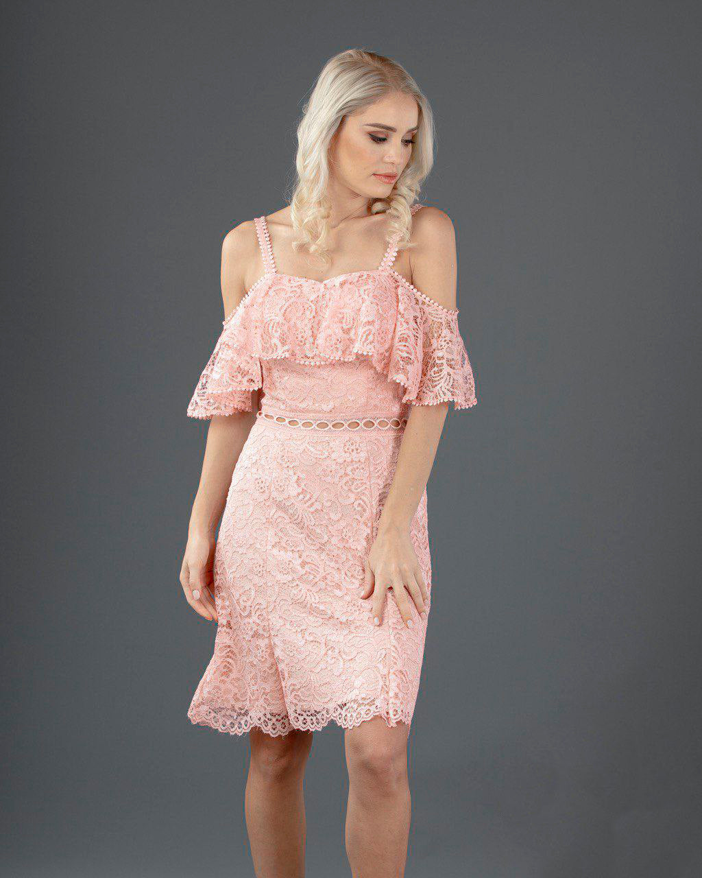 STRAPPY FLOUNCED LACE DRESS