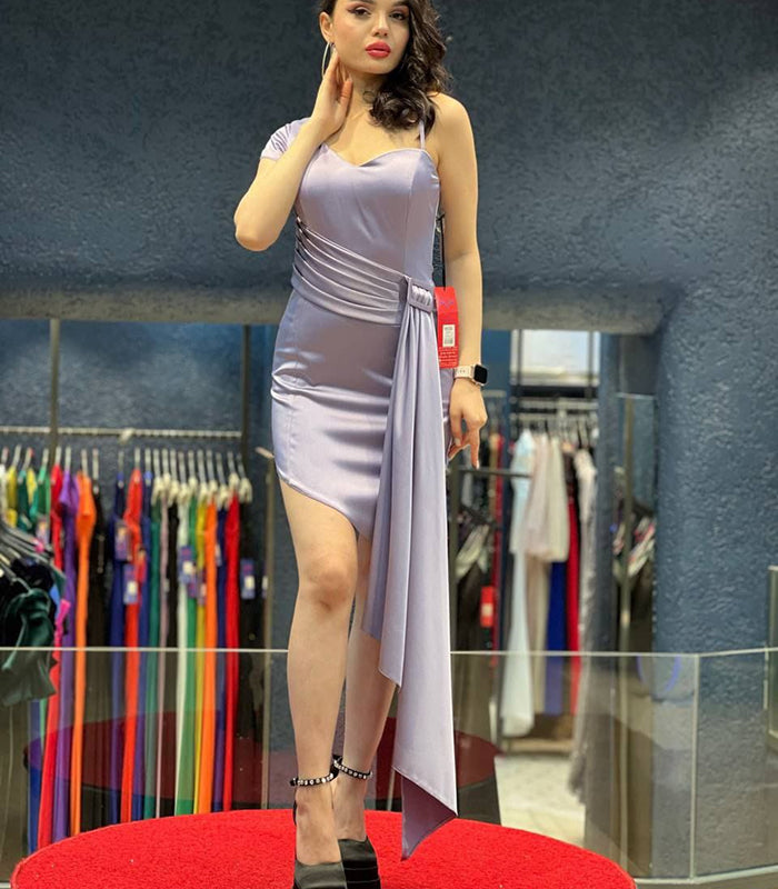 Asymmetric Draped Satin Mini Dress