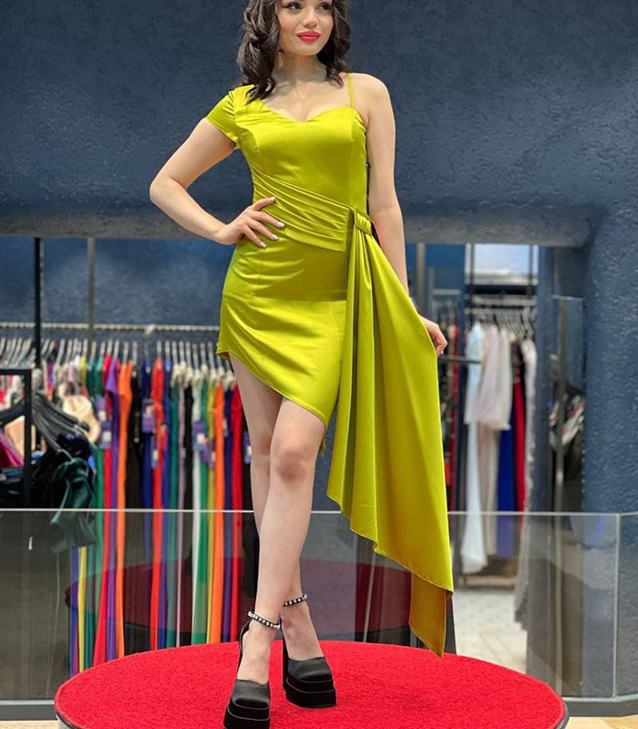Asymmetric Draped Satin Mini Dress