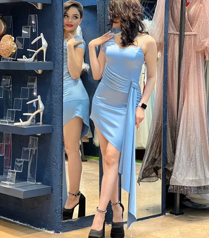 Asymmetric Draped Satin Mini Dress