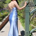 Long sky-blue satin gown