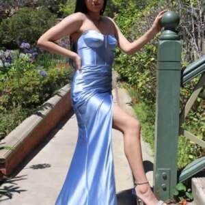 Long sky-blue satin gown
